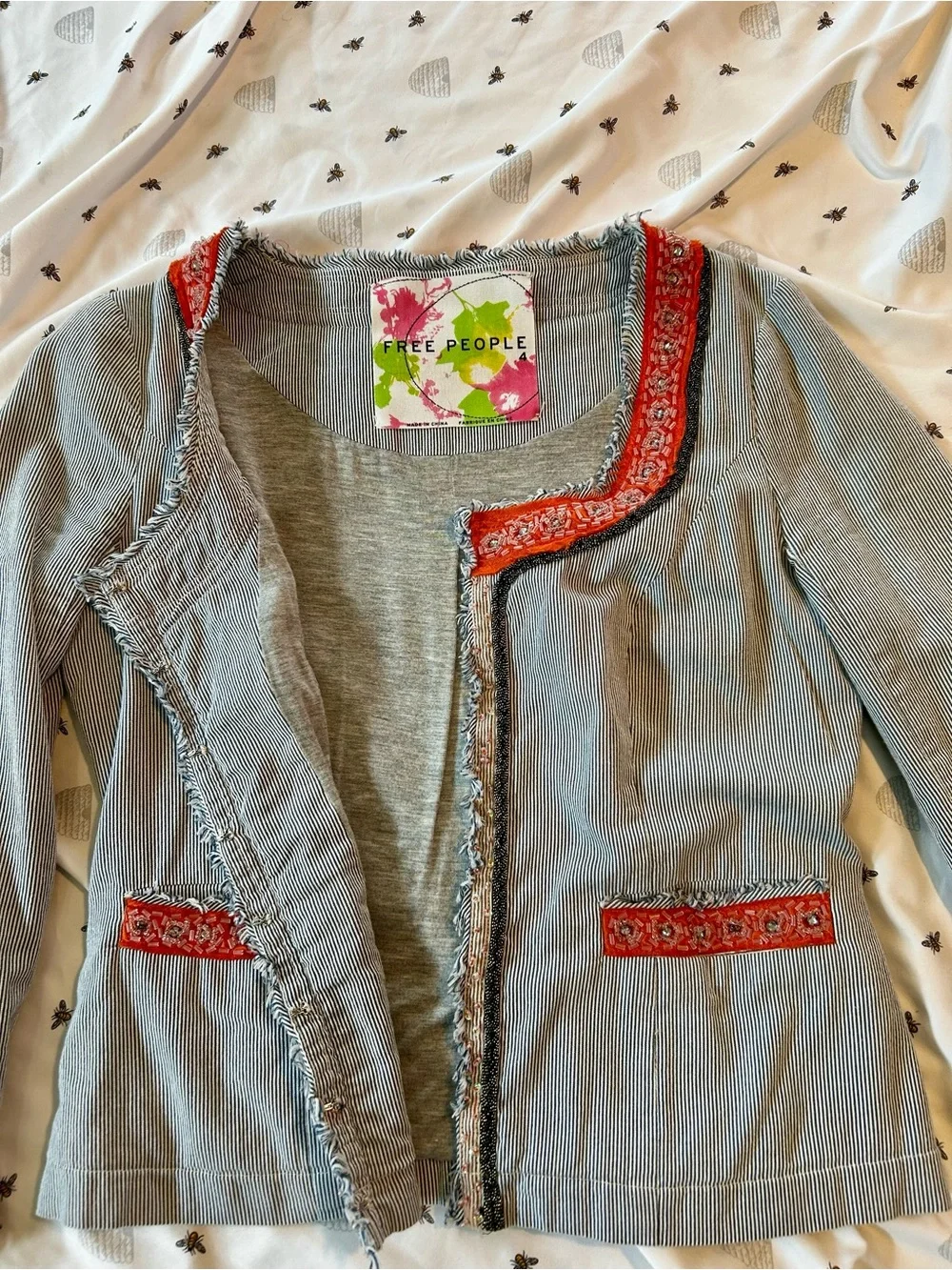 Free People “My Fair Lady” Blue Pinstripe Jacket with Pumpkin Embroidered Trim